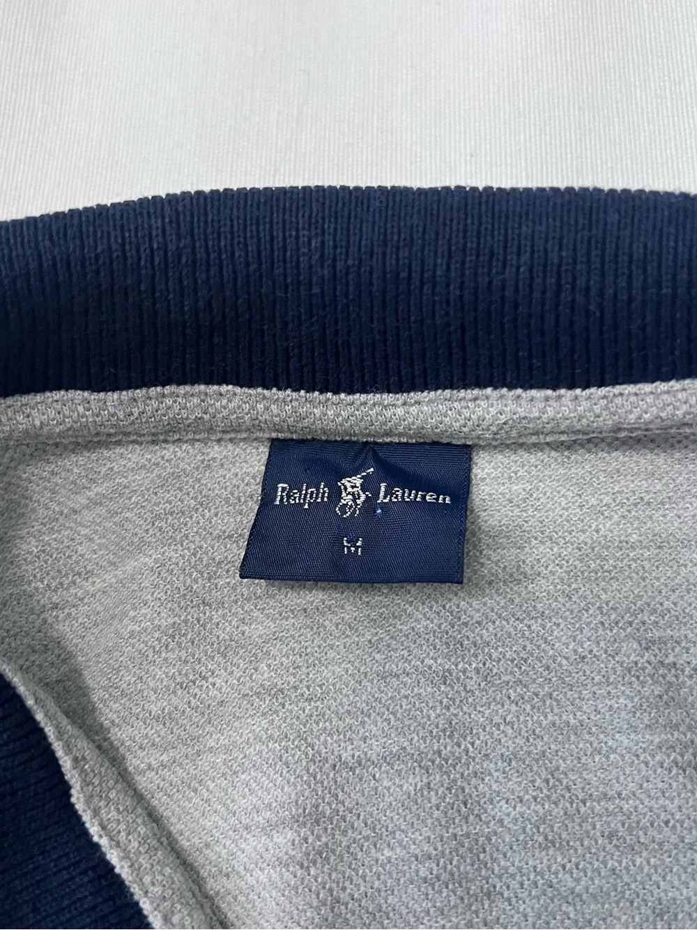Vintage Polo Ralph Lauren Flag Patch Polo Gray Navy Collar M Preppy Old Money